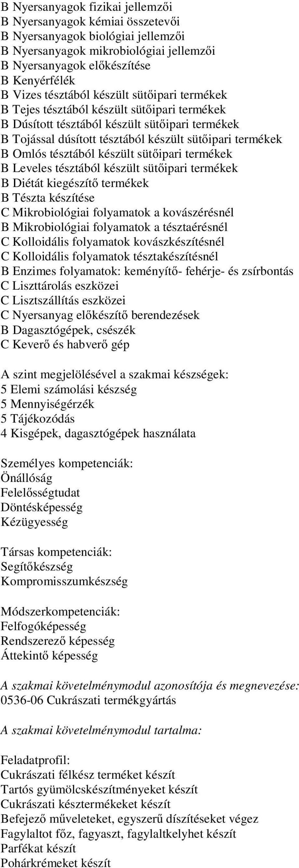 tésztából készült süt ipari termékek B Leveles tésztából készült süt ipari termékek B Diétát kiegészít termékek B Tészta készítése C Mikrobiológiai folyamatok a kovászérésnél B Mikrobiológiai