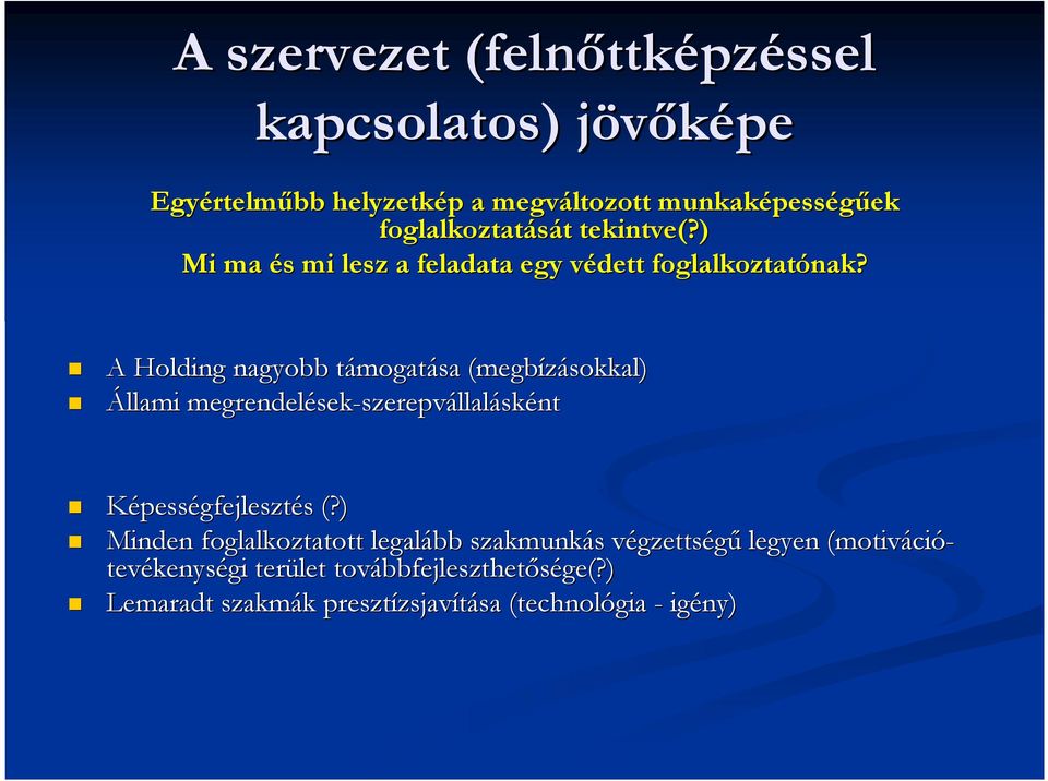 A Holding nagyobb támogatt mogatása (megbízásokkal) Állami megrendelések sek-szerepvállalásként Képességfejlesztés s (?