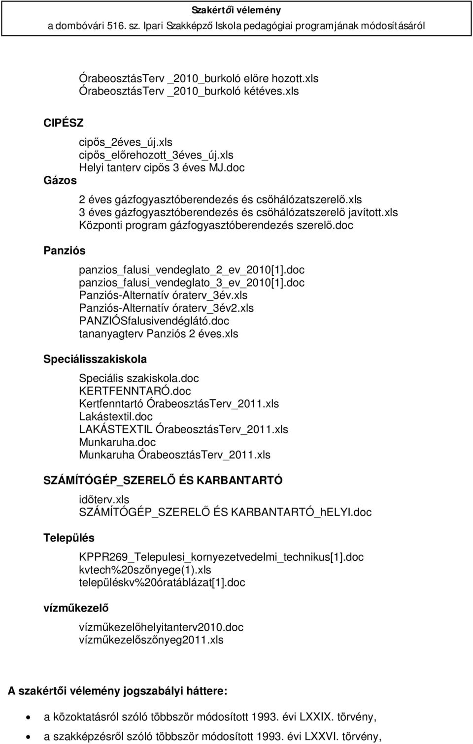 xls Központi program gázfogyasztóberendezés szerelő.doc panzios_falusi_vendeglato_2_ev_2010[1].doc panzios_falusi_vendeglato_3_ev_2010[1].doc Panziós-Alternatív óraterv_3év.