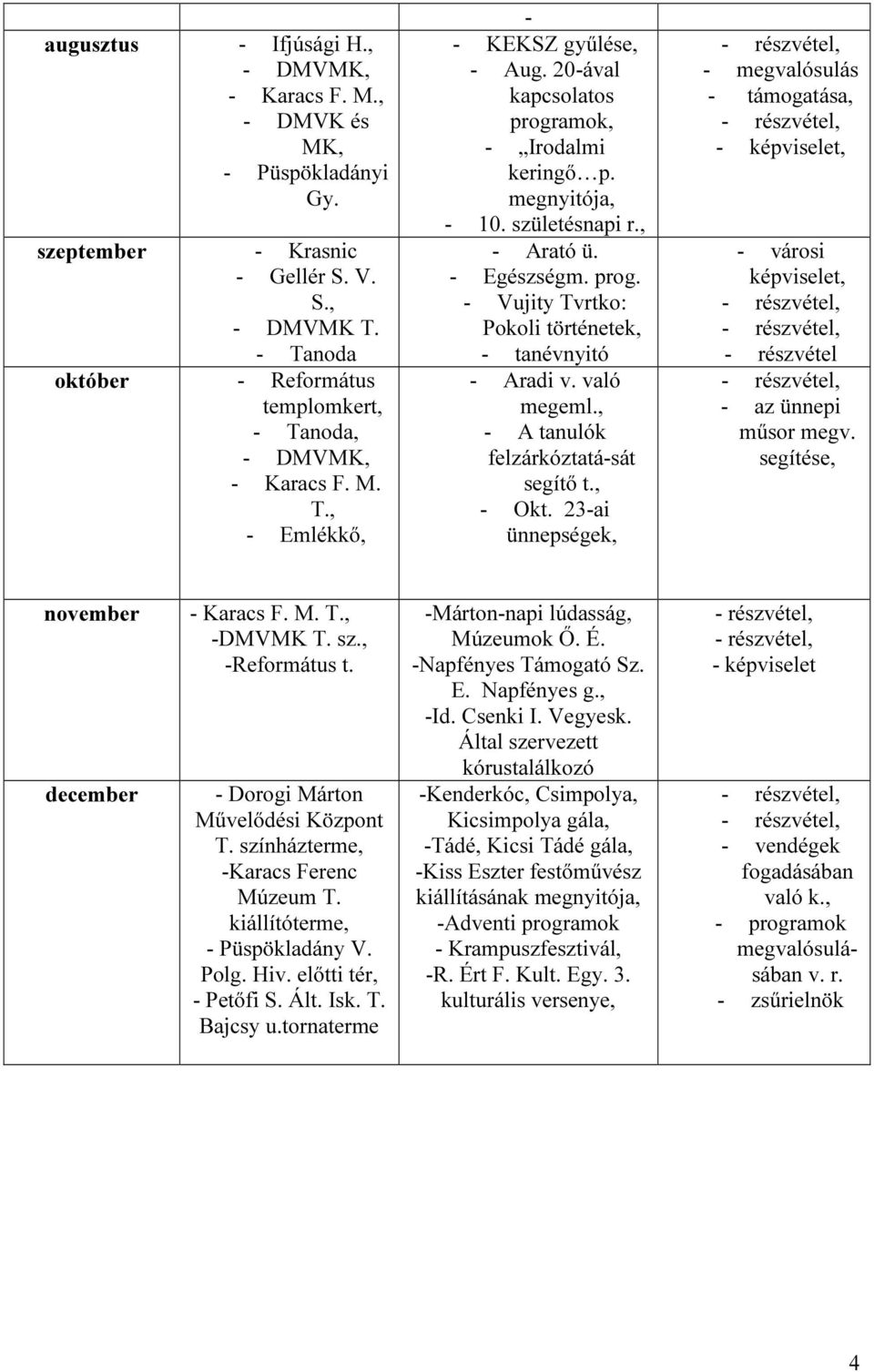 születésnapi r., - Arató ü. - Egészségm. prog. - Vujity Tvrtko: Pokoli történetek, - tanévnyitó - Aradi v. való megeml., - A tanulók felzárkóztatá-sát segítő t., - Okt.