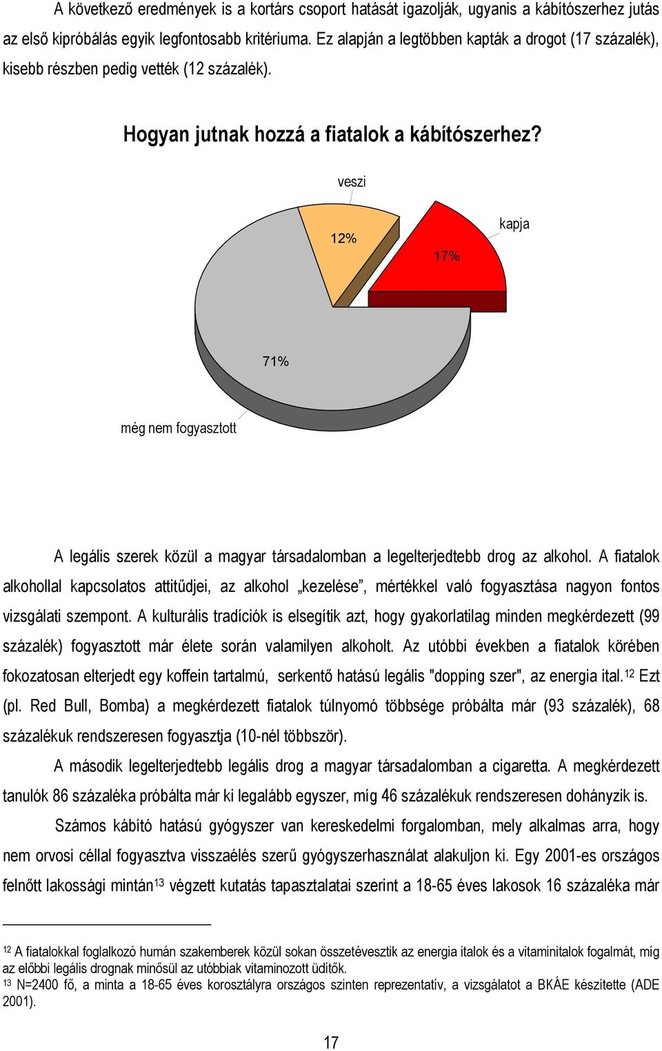 veszi 12% 17% kapja 71% még nem fogyasztott A legális szerek közül a magyar társadalomban a legelterjedtebb drog az alkohol.