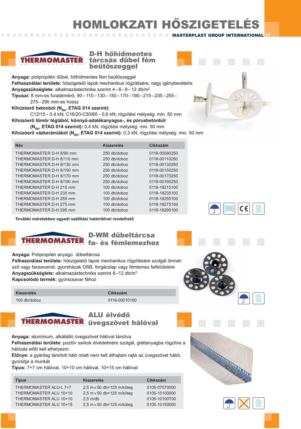 (N Rk, ETAG 014 szerint): C12/15-0,4 kn; C16/20-C50/60-0,6 kn; rögzítési mélység: min.