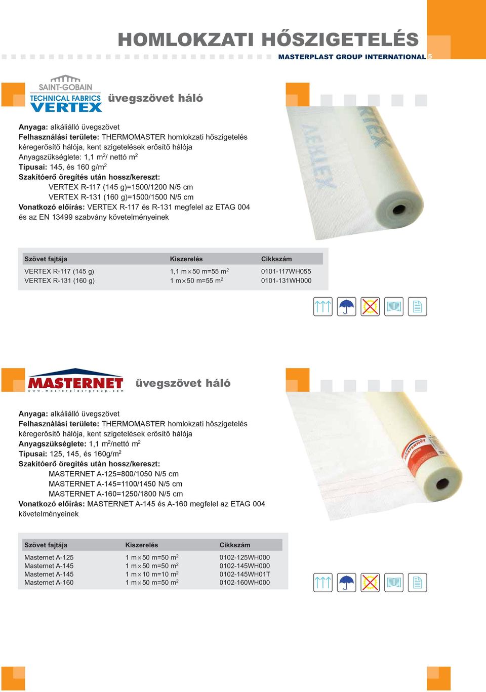 VERTEX R-117 és R-131 megfelel az ETAG 004 és az EN 13499 szabvány követelményeinek Szövet fajtája VERTEX R-117 (145 g) 1,1 m 50 m=55 m 2 0101-117WH055 VERTEX R-131 (160 g) 1 m 50 m=55 m 2