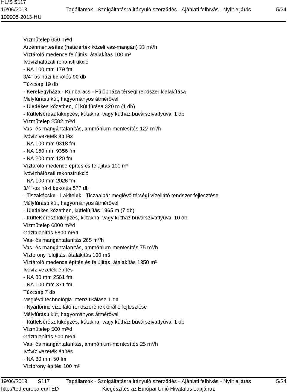 kútakna, vagy kútház búvárszivattyúval 1 db Vízműtelep 2582 m³/d Vas- és mangántalanítás, ammónium-mentesítés 127 m³/h Ivóvíz vezeték építés - NA 100 mm 9318 fm - NA 150 mm 9356 fm - NA 200 mm 120 fm