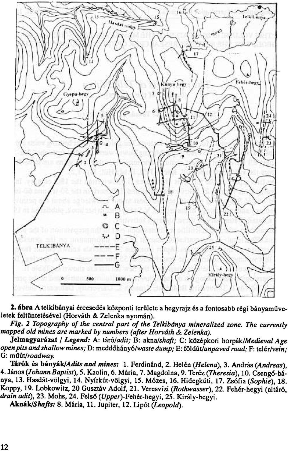 Jelmagyarázat / Legend: A: táró/adil,' B: akna/shaft,. C: középkori horpák/medieval Age open piis and shallow mines; D: meddóhányó/waste dump; E: földút/unpaved road,. F: telér/vein; G: múút/roadway.