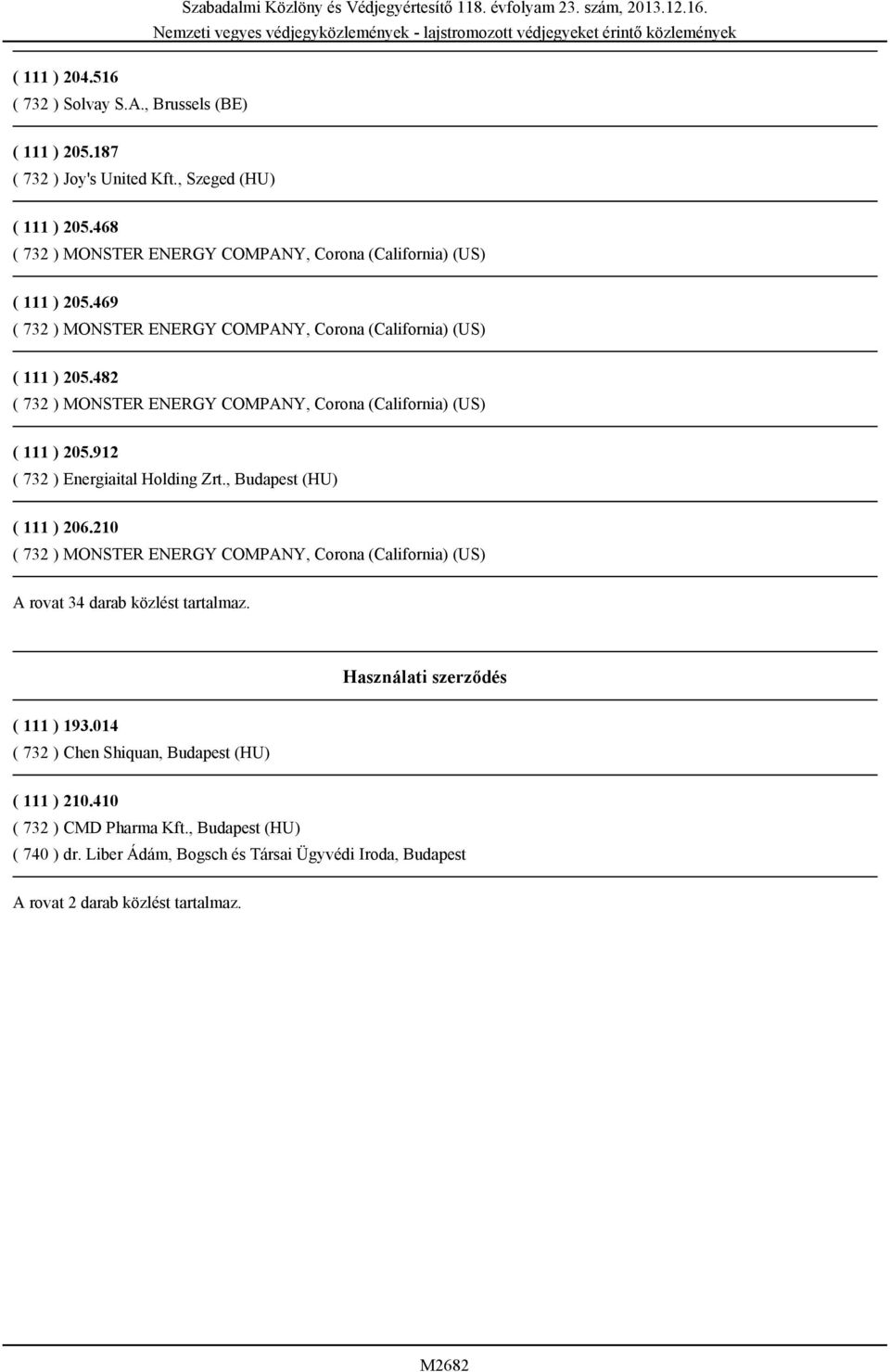 482 ( 732 ) MONSTER ENERGY COMPANY, Corona (California) (US) ( 111 ) 205.912 ( 732 ) Energiaital Holding Zrt., Budapest (HU) ( 111 ) 206.