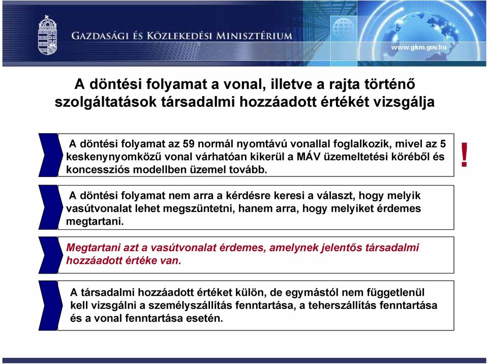 ! A döntési folyamat nem arra a kérdésre keresi a választ, hogy melyik vasútvonalat lehet megszüntetni, hanem arra, hogy melyiket érdemes megtartani.