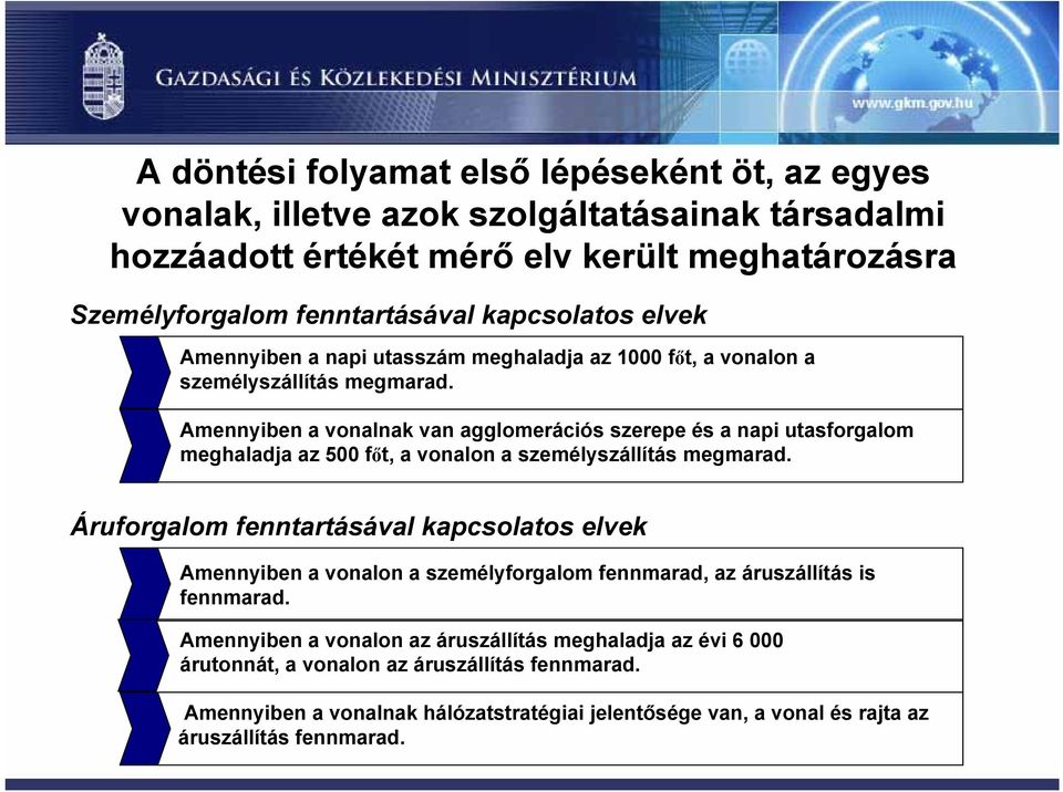 Amennyiben a vonalnak van agglomerációs szerepe és a napi utasforgalom meghaladja az 500 főt, a vonalon a személyszállítás megmarad.