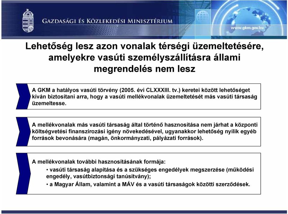 A mellékvonalak más vasúti társaság által történő hasznosítása nem járhat a központi költségvetési finanszírozási igény növekedésével, ugyanakkor lehetőség nyílik egyéb források bevonására