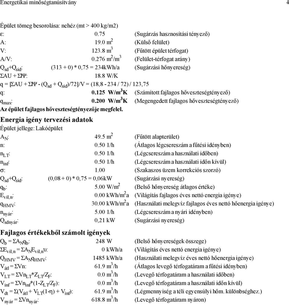 125 W/m 3 K (Számított fajlagos hőveszteségtényező) q max : 0.200 W/m 3 K (Megengedett fajlagos hőveszteségtényező) Az épület fajlagos hőveszteségtényezője megfelel.