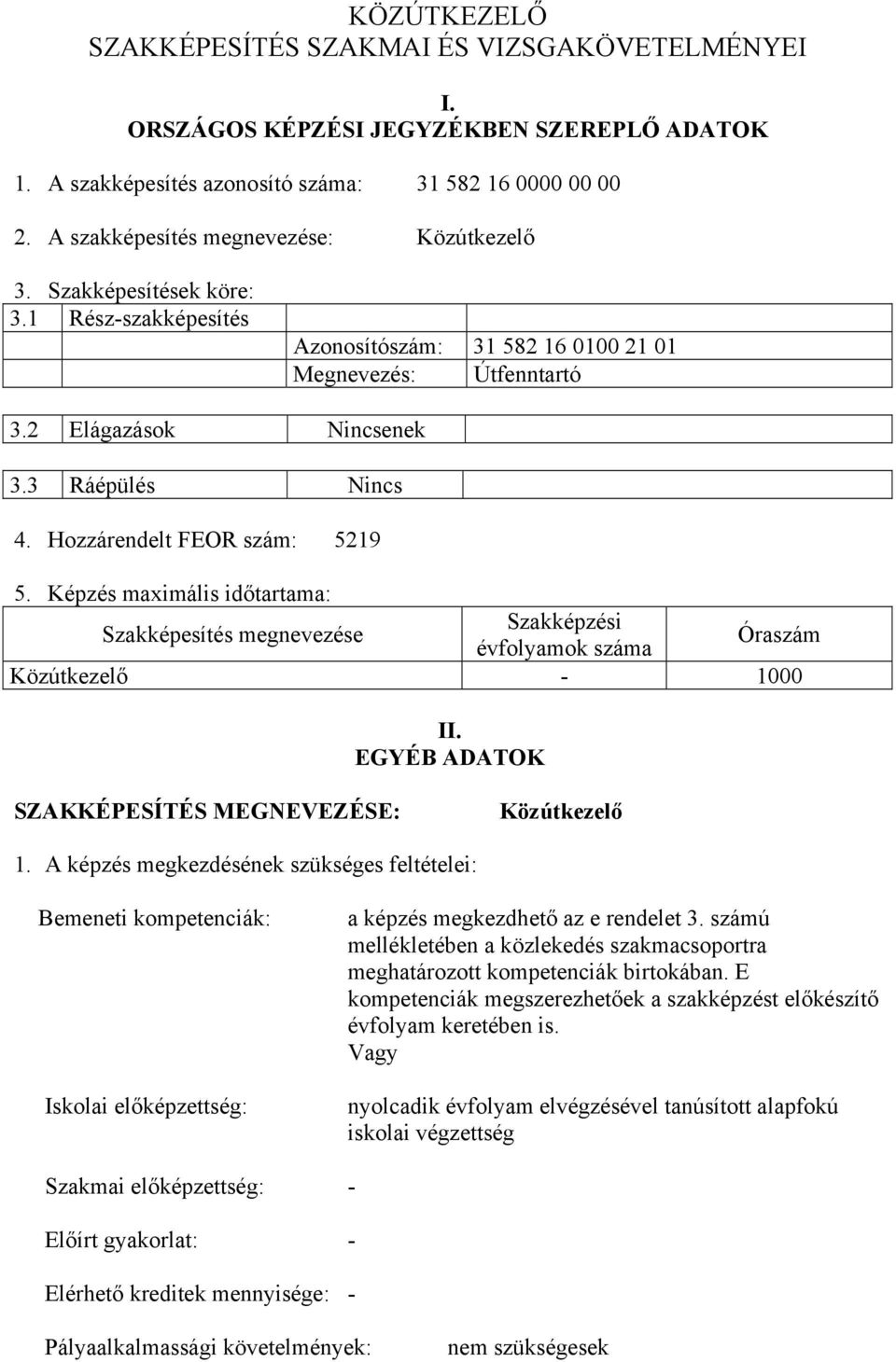 Hozzárendelt FEOR szám: 5219 5. Képzés maximális időtartama: Szakképesítés megnevezése Szakképzési évfolyamok száma Óraszám Közútkezelő - 1000 II.