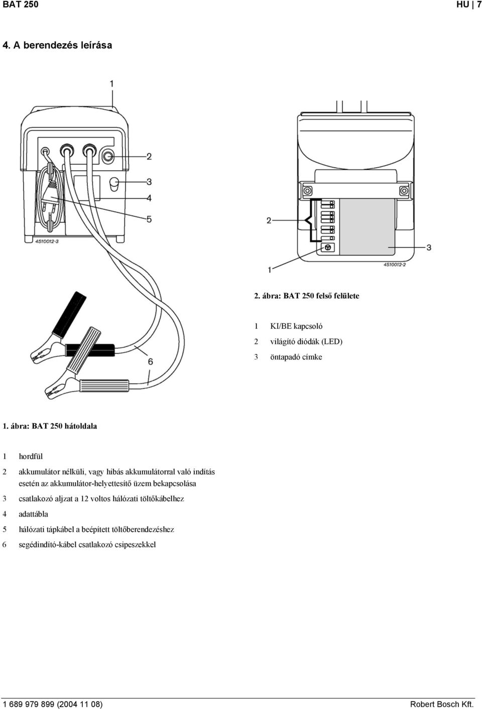 ábra: BAT 250 hátoldala 1 hordfül 2 akkumulátor nélkül, vagy hbás akkumulátorral való ndítás esetén az