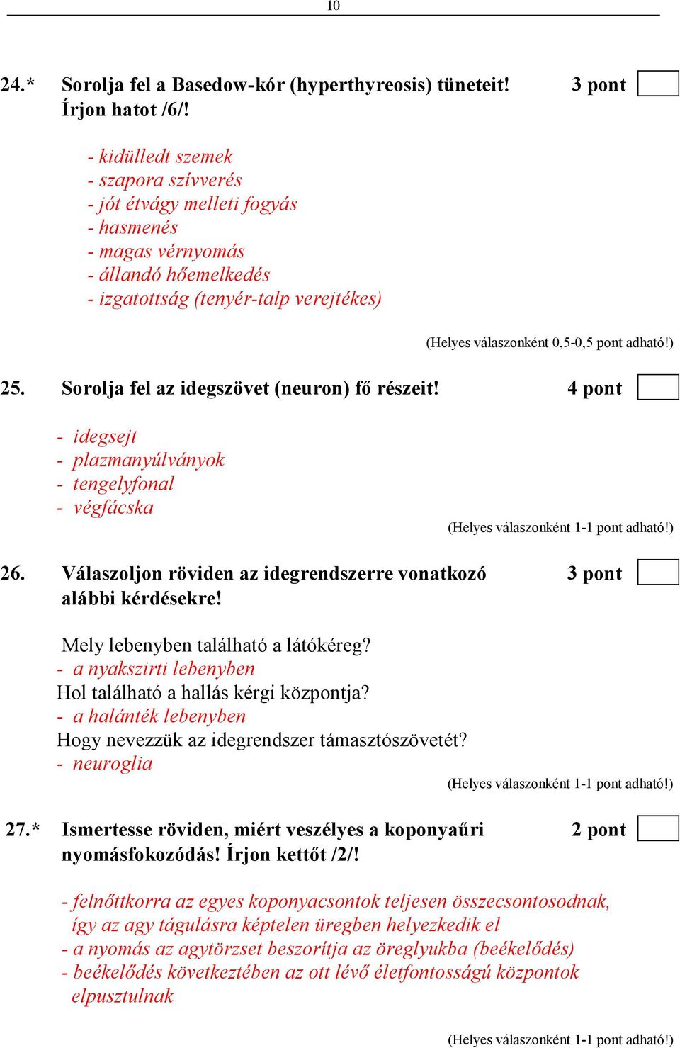 Sorolja fel az idegszövet (neuron) fı részeit! 4 pont - idegsejt - plazmanyúlványok - tengelyfonal - végfácska 26. Válaszoljon röviden az idegrendszerre vonatkozó 3 pont alábbi kérdésekre!