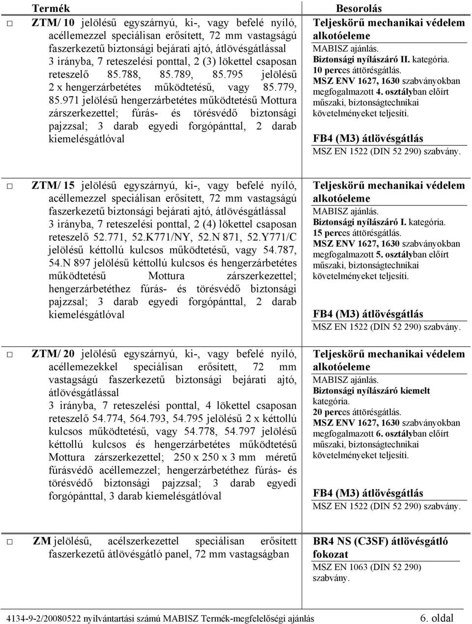 971 jelölésű hengerzárbetétes működtetésű Mottura zárszerkezettel; fúrás- és törésvédő biztonsági pajzzsal; 3 darab egyedi forgópánttal, 2 darab Besorolás védelem alkotóeleme Biztonsági nyílászáró II.