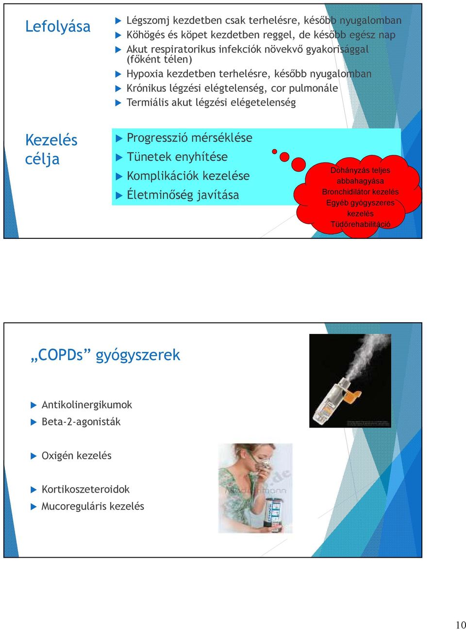 elégetelenség Kezelés célja Progresszió mérséklése Tünetek enyhítése Komplikációk kezelése Életminőség javítása Dohányzás teljes abbahagyása Bronchidilátor