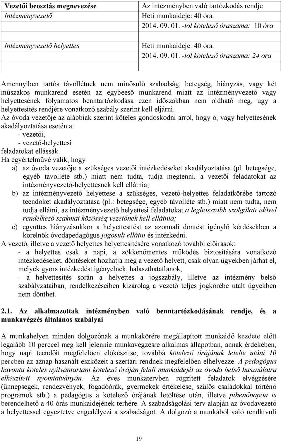 -tól kötelező óraszáma: 24 óra Amennyiben tartós távollétnek nem minősülő szabadság, betegség, hiányzás, vagy két műszakos munkarend esetén az egybeeső munkarend miatt az intézményvezető vagy