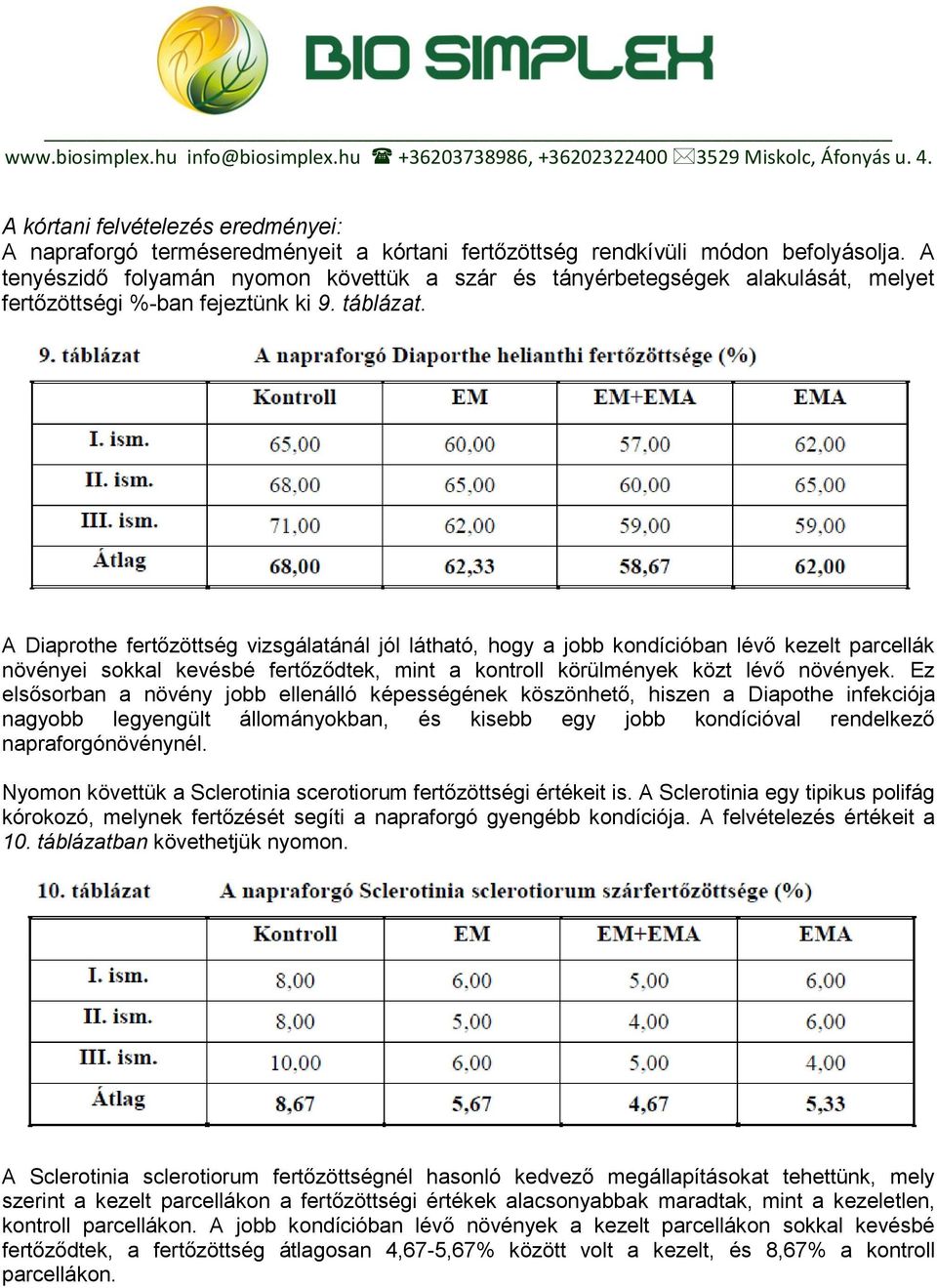 A Diaprothe fertőzöttség vizsgálatánál jól látható, hogy a jobb kondícióban lévő kezelt parcellák növényei sokkal kevésbé fertőződtek, mint a kontroll körülmények közt lévő növények.