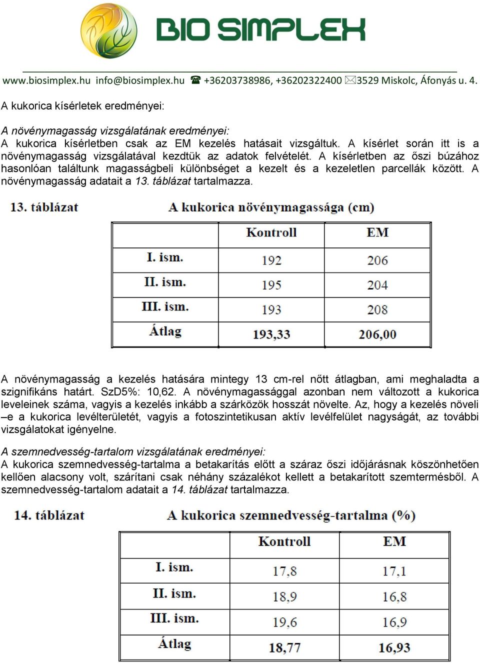 A kísérletben az őszi búzához hasonlóan találtunk magasságbeli különbséget a kezelt és a kezeletlen parcellák között. A növénymagasság adatait a 13. táblázat tartalmazza.