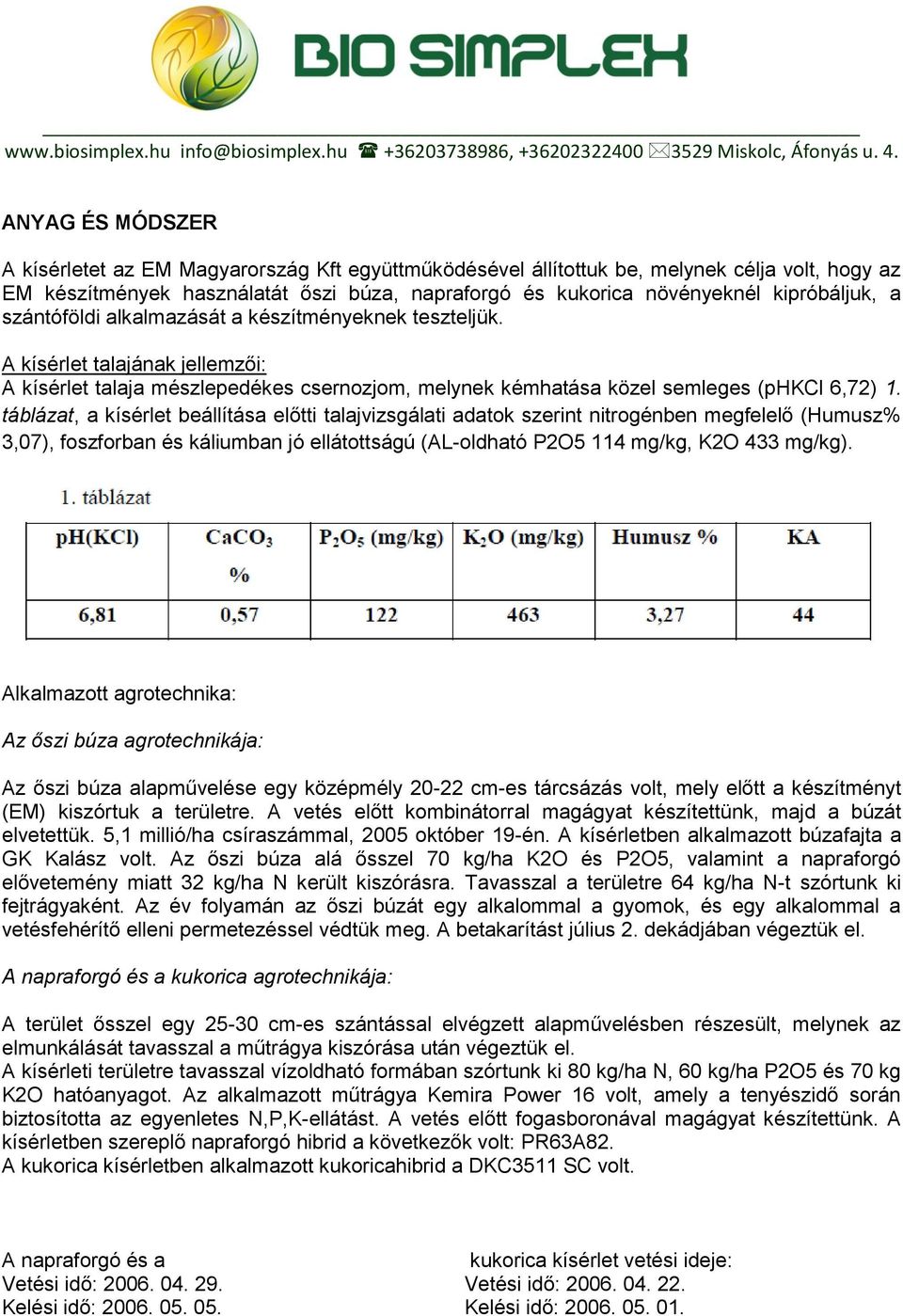 táblázat, a kísérlet beállítása előtti talajvizsgálati adatok szerint nitrogénben megfelelő (Humusz% 3,07), foszforban és káliumban jó ellátottságú (AL-oldható P2O5 114 mg/kg, K2O 433 mg/kg).