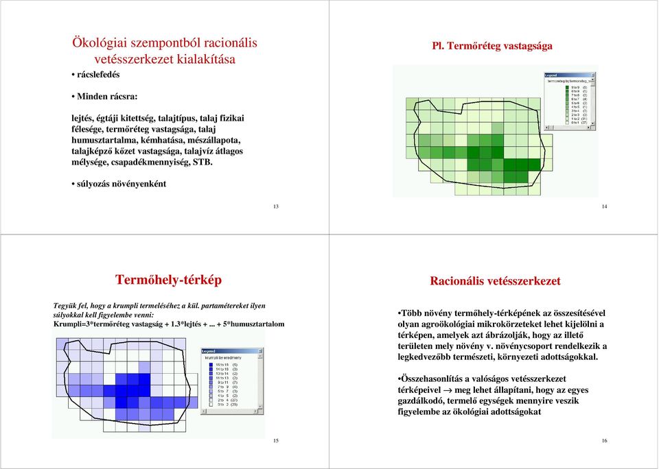 talajvíz átlagos mélysége, csapadékmennyiség, STB. súlyozás növényenként 13 14 Termőhely-térkép Racionális vetésszerkezet Tegyük fel, hogy a krumpli termeléséhez a kül.