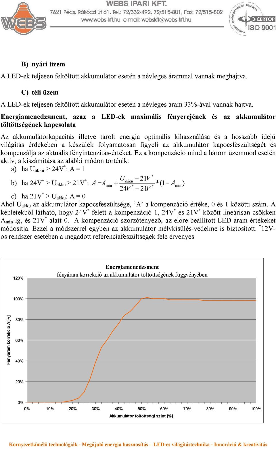 világítás érdekében a készülék folyamatosan figyeli az akkumulátor kapocsfeszültségét és kompenzálja az aktuális fényintenzitás-értéket.