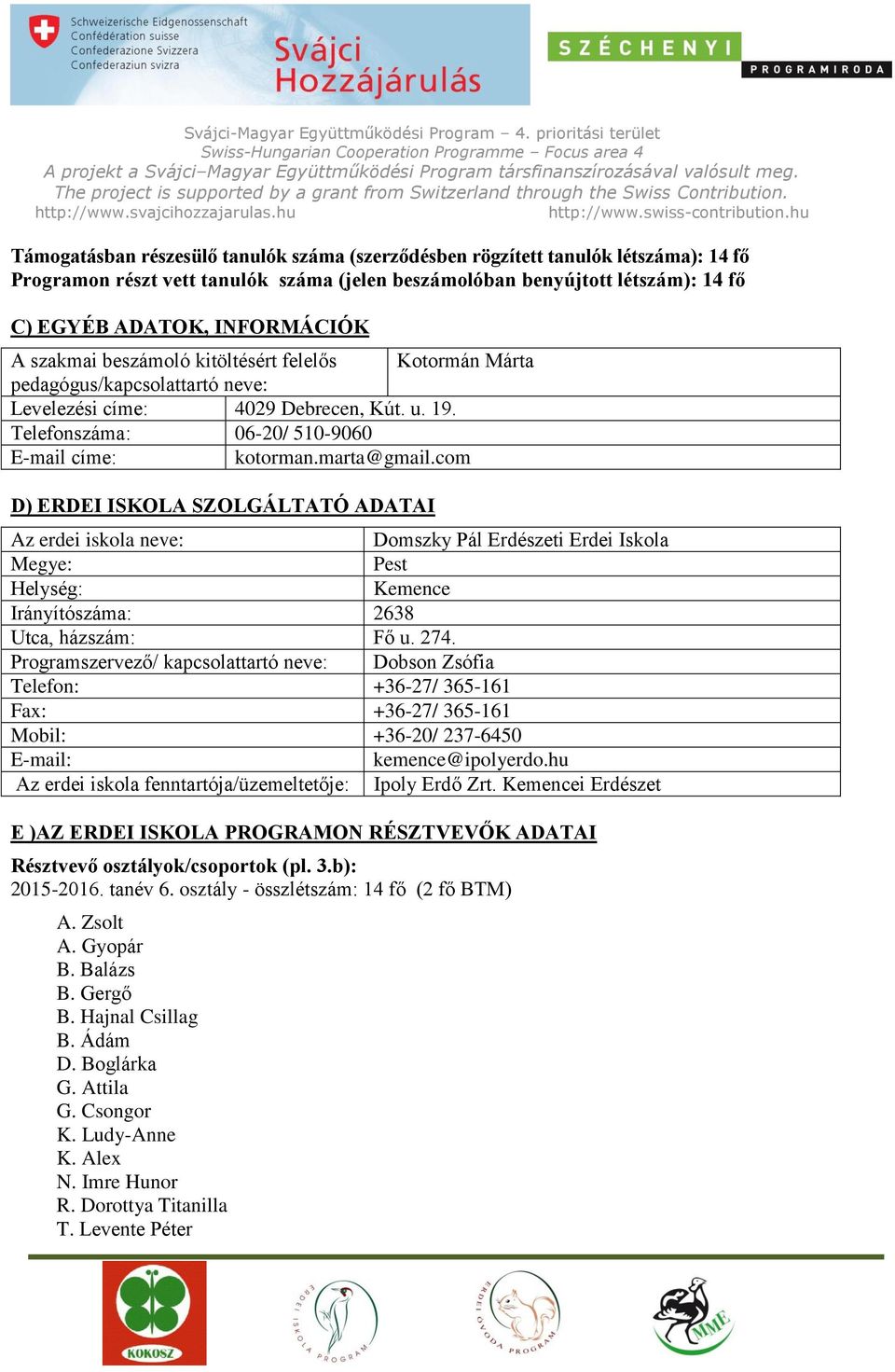 com D) ERDEI ISKOLA SZOLGÁLTATÓ ADATAI Az erdei iskola neve: Domszky Pál Erdészeti Erdei Iskola Megye: Pest Helység: Kemence Irányítószáma: 2638 Utca, házszám: Fő u. 274.