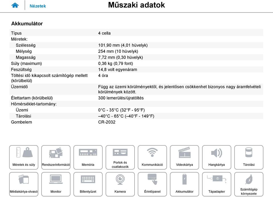 7,72 mm (0,30 hüvelyk) 0,36 kg (0,79 font) 14,8 volt egyenáram 4 óra Függ az üzemi körülményektől, és jelentősen csökkenhet