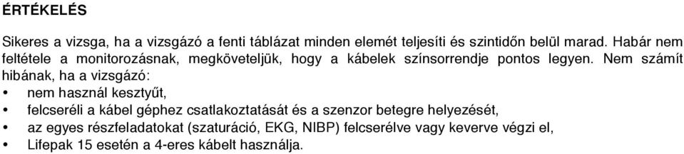 Nem számít hibának, ha a vizsgázó: nem használ kesztyűt, felcseréli a kábel géphez csatlakoztatását és a szenzor