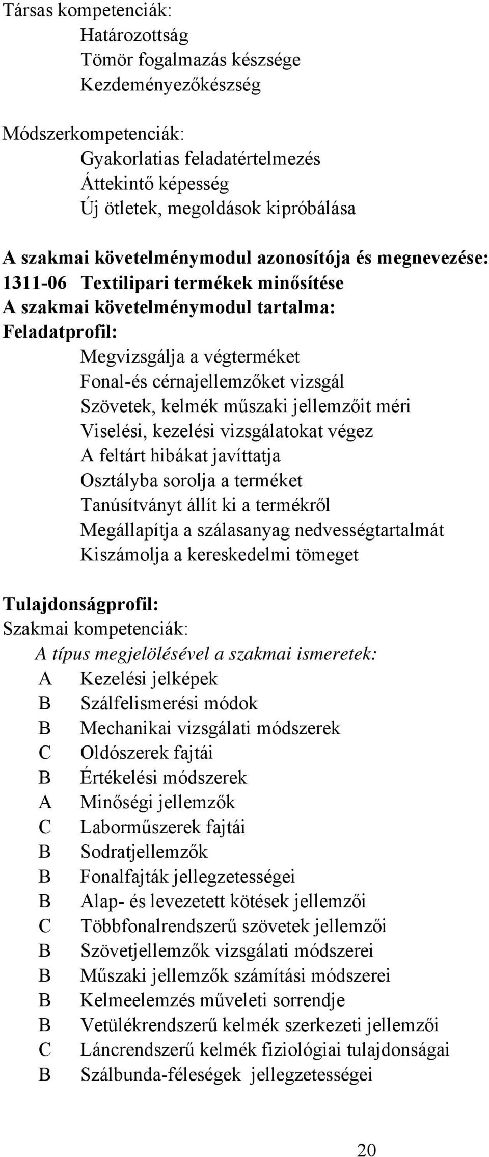 Szövetek, kelmék műszaki jellemzőit méri Viselési, kezelési vizsgálatokat végez A feltárt hibákat javíttatja Osztályba sorolja a terméket Tanúsítványt állít ki a termékről Megállapítja a szálasanyag