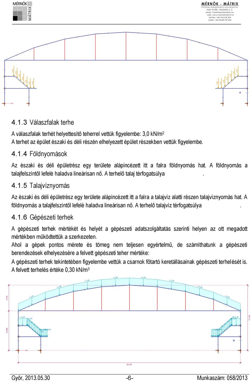 5 Talajvíznyomás Az északi és déli épületrész egy területe alápincézett itt a falra a talajvíz alatti részen talajvíznyomás hat. A földnyomás a talajfelszíntől lefelé haladva lineárisan nő.