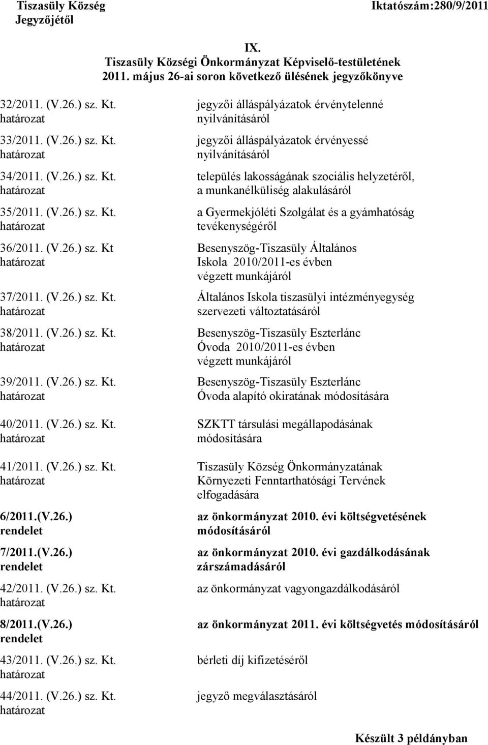 (V.26.) sz. Kt. a Gyermekjóléti Szolgálat és a gyámhatóság tevékenységéről 36/2011. (V.26.) sz. Kt Besenyszög-Tiszasüly Általános Iskola 2010/2011-es évben végzett munkájáról 37/2011. (V.26.) sz. Kt. Általános Iskola tiszasülyi intézményegység szervezeti változtatásáról 38/2011.