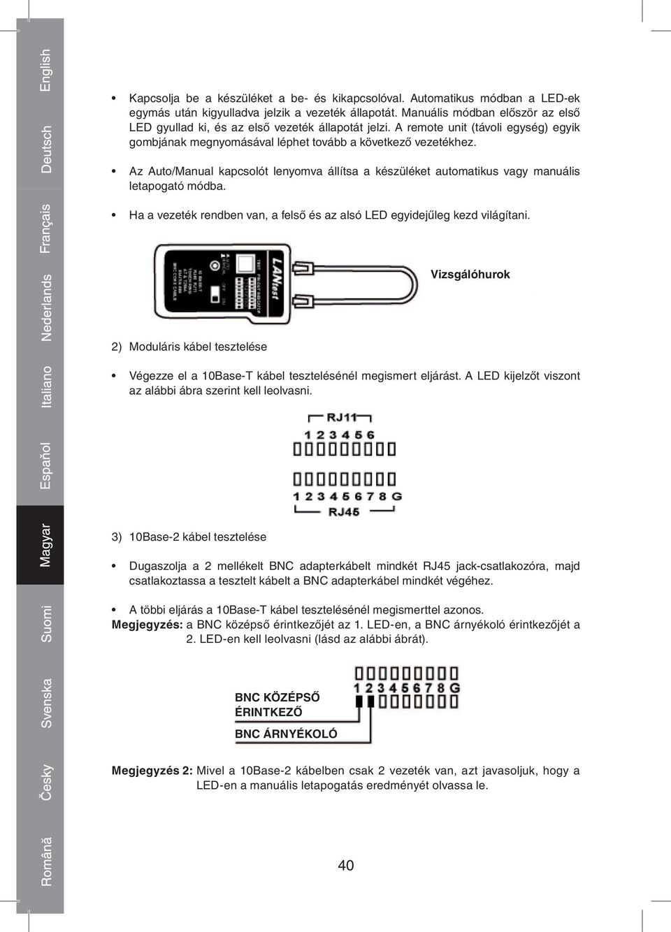 Az Auto/Manual kapcsolót lenyomva állítsa a készüléket automatikus vagy manuális letapogató módba. Ha a vezeték rendben van, a felső és az alsó LED egyidejűleg kezd világítani.