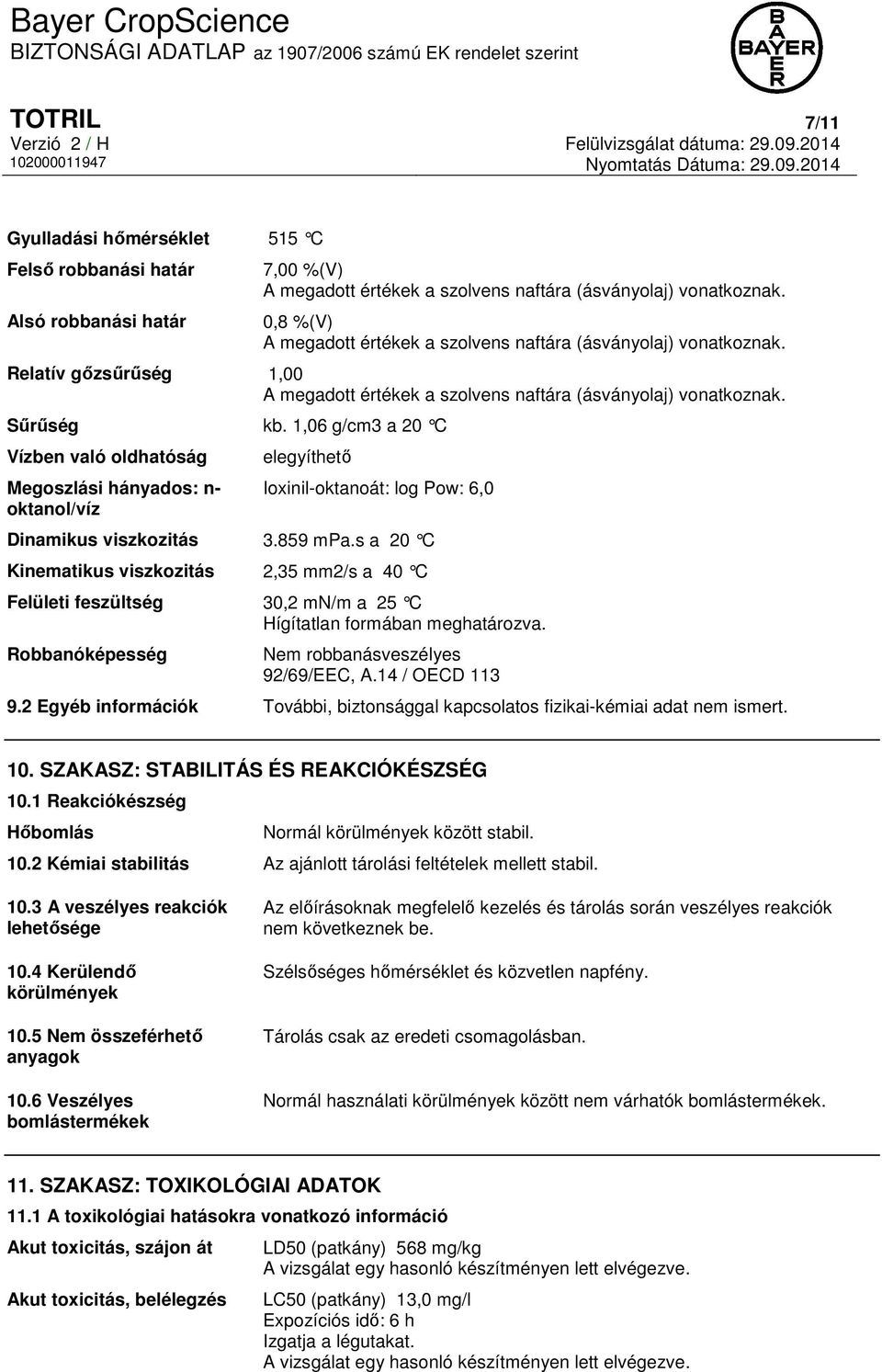 1,06 g/cm3 a 20 C Vízben való oldhatóság Megoszlási hányados: n- oktanol/víz elegyíthető Ioxinil-oktanoát: log Pow: 6,0 Dinamikus viszkozitás 3.859 mpa.