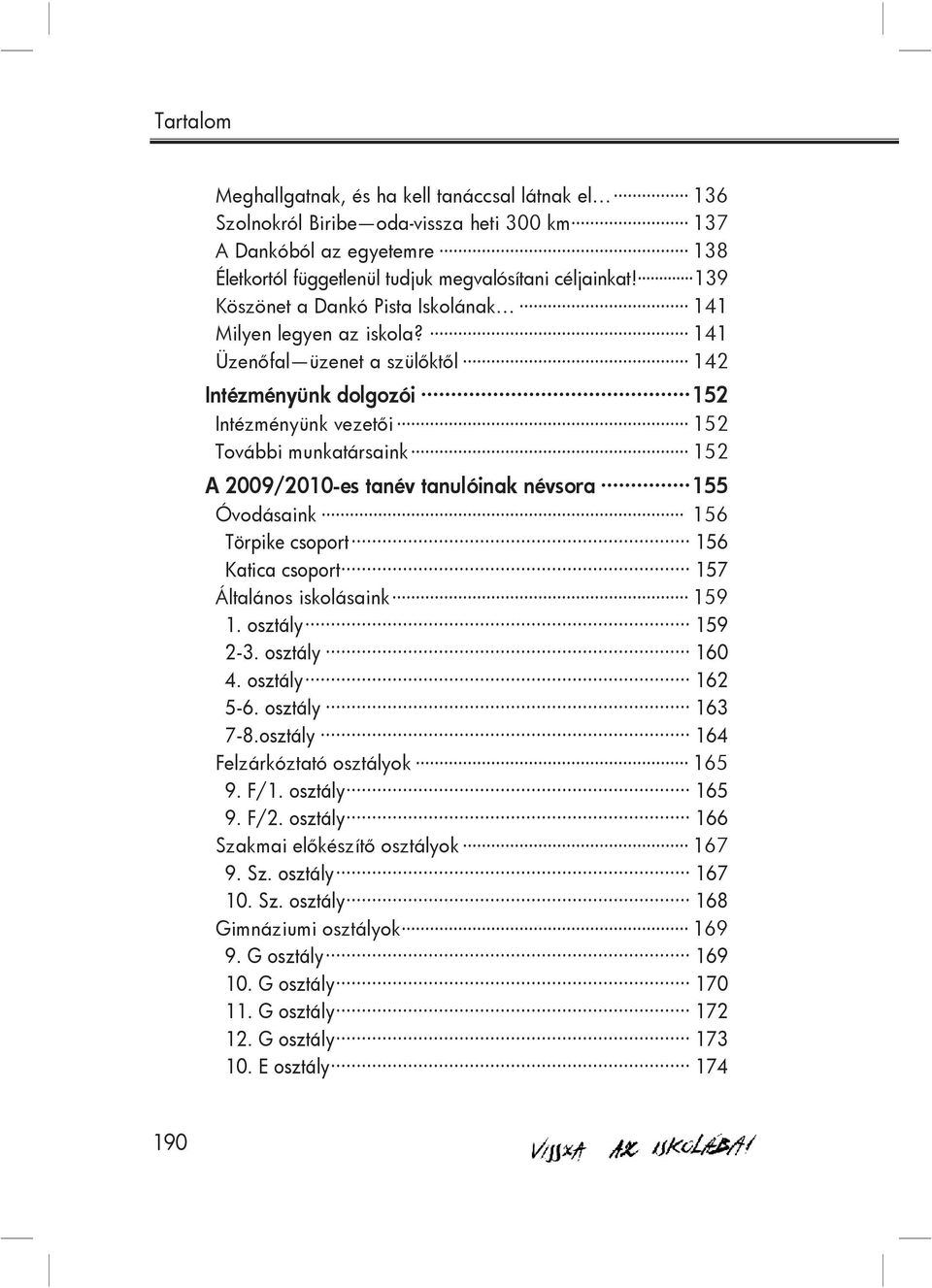 141 Üzenőfal üzenet a szülőktől 142 Intézményünk dolgozói 152 Intézményünk vezetői 152 További munkatársaink 152 A 2009/2010-es tanév tanulóinak névsora 155 Óvodásaink 156 Törpike csoport 156 Katica