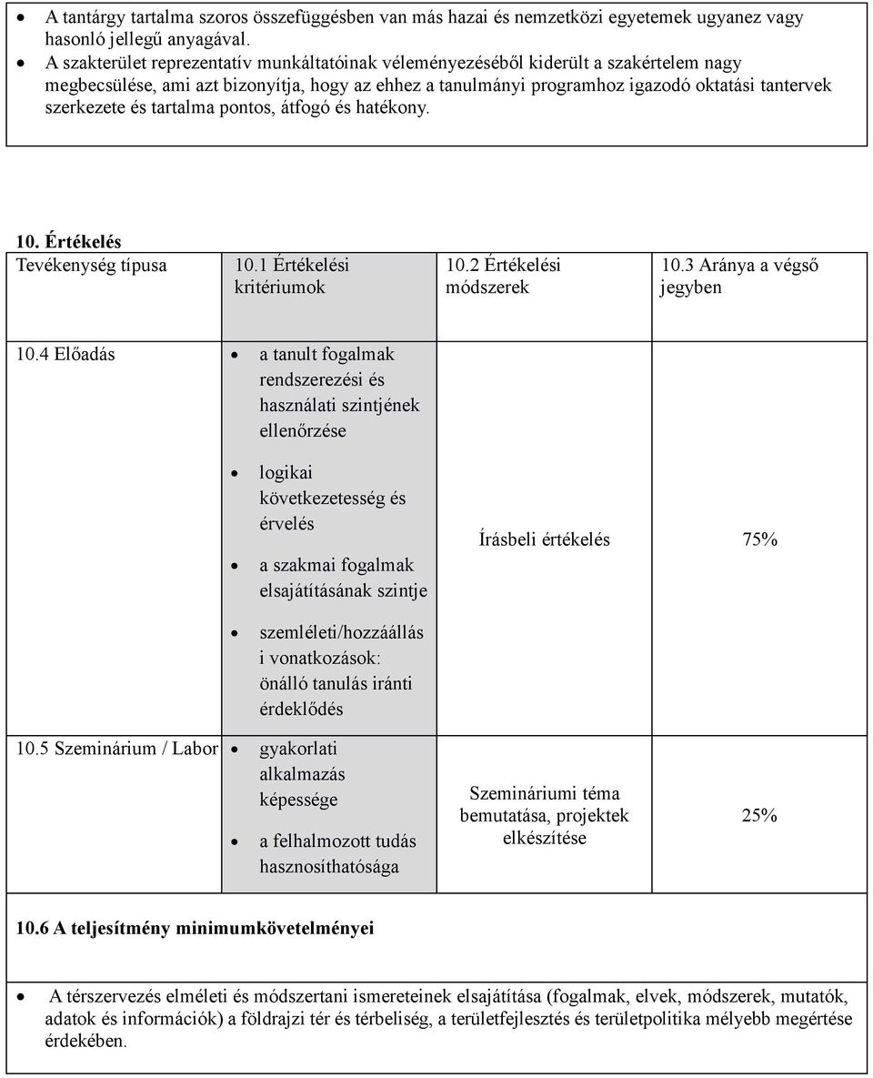 és tartalma pontos, átfogó és hatékony. 10. Értékelés Tevékenység típusa 10.1 Értékelési kritériumok 10.2 Értékelési módszerek 10.3 Aránya a végsı jegyben 10.