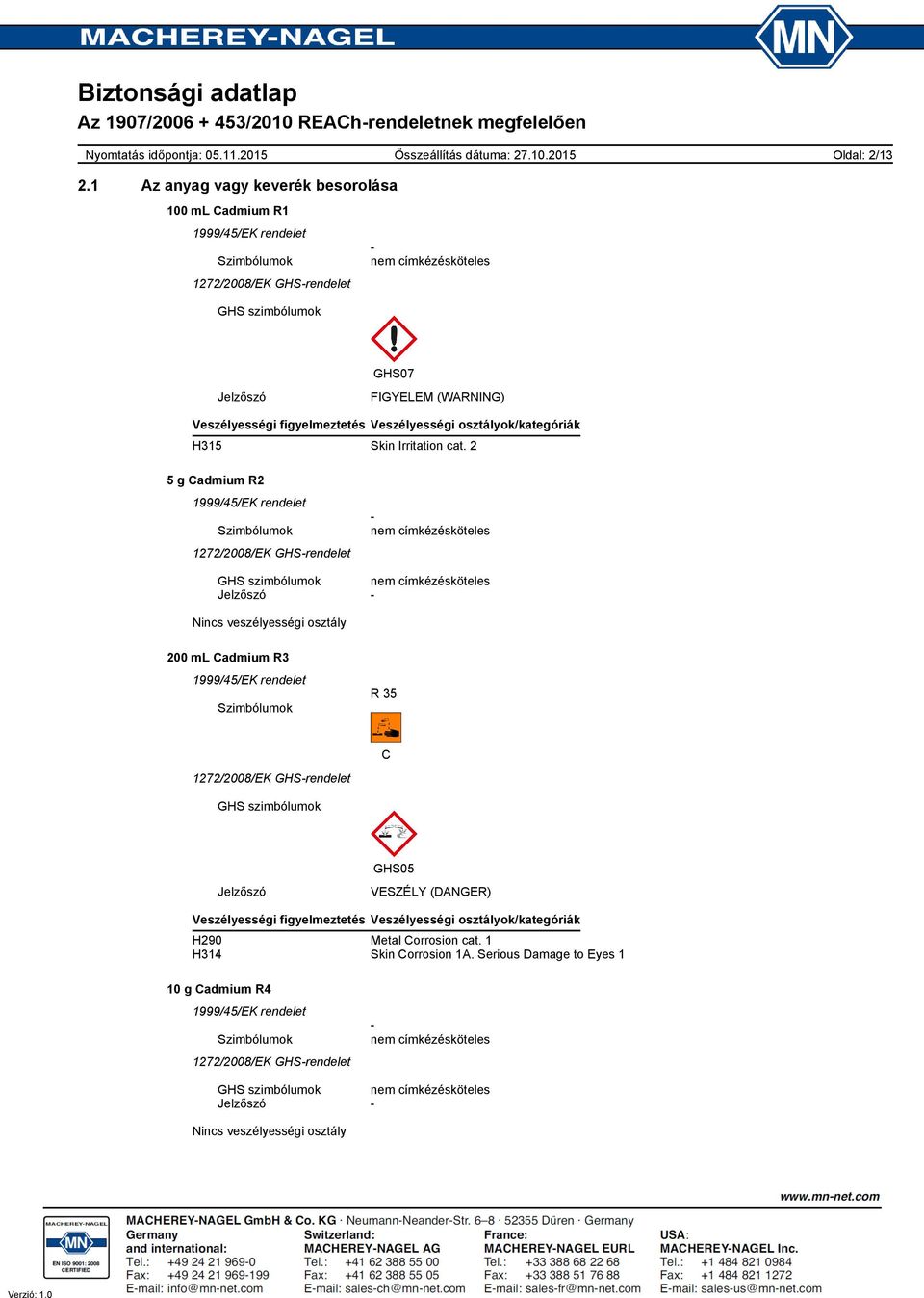 Veszélyességi osztályok/kategóriák H315 Skin Irritation cat.
