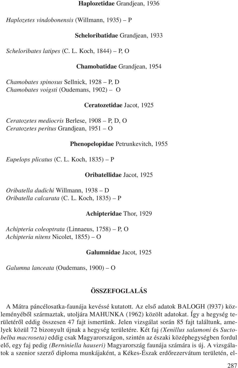Ceratozetes peritus Grandjean, 1951 O Eupelops plicatus (C. L. Koch, 1835) P Phenopelopidae Petrunkevitch, 1955 Oribatellidae Jacot, 1925 Oribatella dudichi Willmann, 1938 D Oribatella calcarata (C.