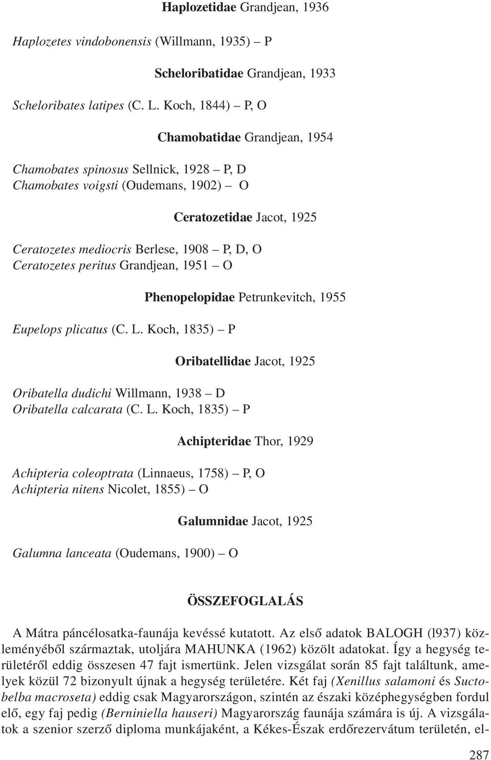 Ceratozetes peritus Grandjean, 1951 O Eupelops plicatus (C. L. Koch, 1835) P Phenopelopidae Petrunkevitch, 1955 Oribatellidae Jacot, 1925 Oribatella dudichi Willmann, 1938 D Oribatella calcarata (C.