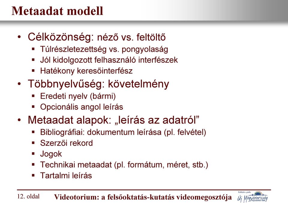 nyelv (bármi) Opcionális angol leírás Metaadat alapok: leírás az adatról Bibliográfiai: dokumentum leírása (pl.