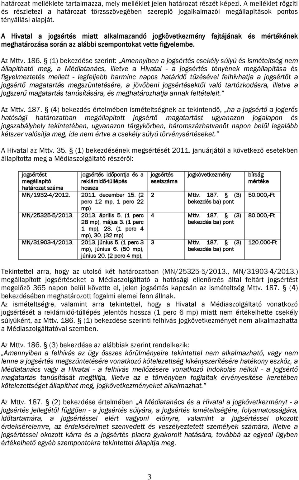 A Hivatal a jogsértés miatt alkalmazandó jogkövetkezmény fajtájának és mértékének meghatározása során az alábbi szempontokat vette figyelembe. Az Mttv. 186.