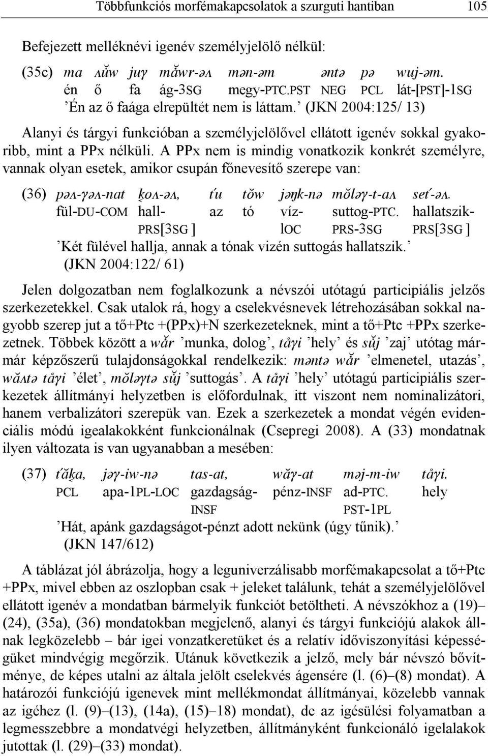 A PPx nem is mindig vonatkozik konkrét személyre, vannak olyan esetek, amikor csupán főnevesítő szerepe van: (36) põ>-qõ>-nat o>-õ>, Tu tôw jõ k-nõ môlõq-t-a> set-õ>.