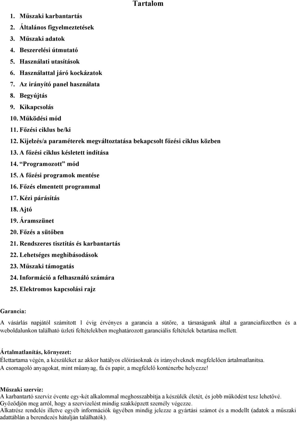 Programozott mód 15. A főzési programok mentése 16. Főzés elmentett programmal 17. Kézi párásítás 18. Ajtó 19. Áramszünet 20. Főzés a sütőben 21. Rendszeres tisztítás és karbantartás 22.