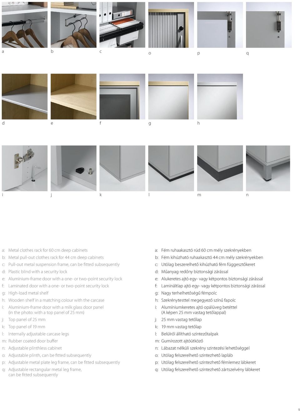 in a matching colour with the carcase i: Aluminium-frame door with a milk glass door panel (in the photo: with a top panel of 25 mm) j: Top panel of 25 mm k: Top panel of 19 mm l: Internally