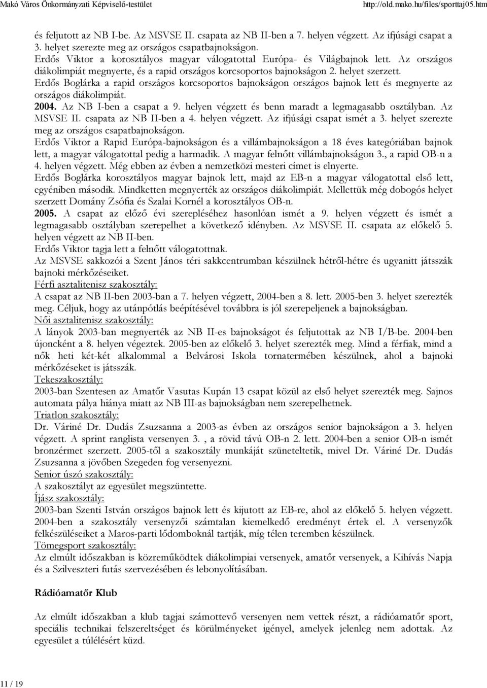 Erdős Boglárka a rapid országos korcsoportos bajnokságon országos bajnok lett és megnyerte az országos diákolimpiát. 2004. Az NB I-ben a csapat a 9.