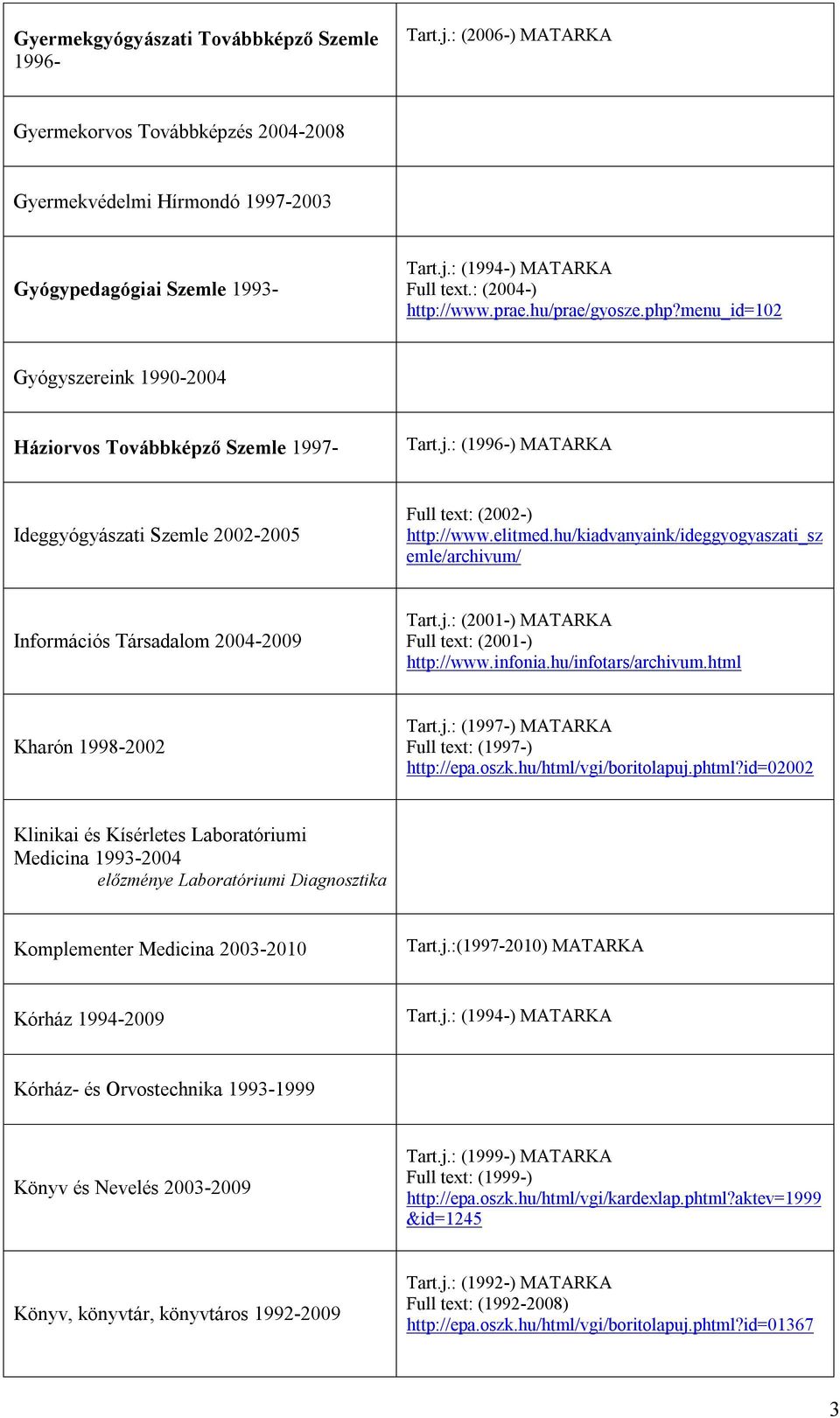 : (1996-) MATARKA Ideggyógyászati Szemle 2002-2005 Full text: (2002-) http://www.elitmed.hu/kiadvanyaink/ideggyogyaszati_sz emle/archivum/ Információs Társadalom 2004-2009 Tart.j.