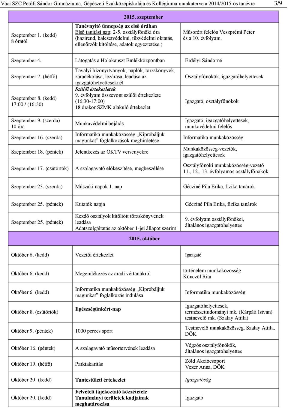 ) Műsorért felelős Veszprémi Péter és a 10. évfolyam. Szeptember 4. Látogatás a Holokauszt Emlékközpontban Erdélyi Sándorné Szeptember 7. (hétfő) Szeptember 8. (kedd) 17:00 / (16:30) Szeptember 9.