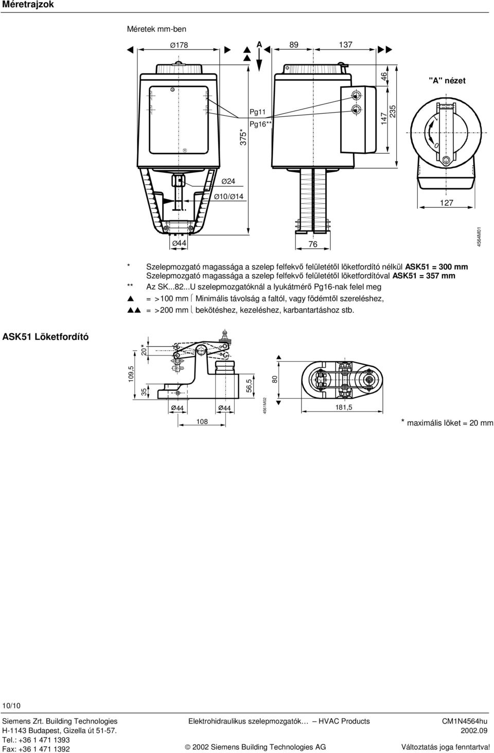 ..U szelepmozgatóknál a lyukátmérő Pg16-nak felel meg = >100 mm Minimális távolság a faltól, vagy födémtől szereléshez, = >200 mm bekötéshez, kezeléshez,