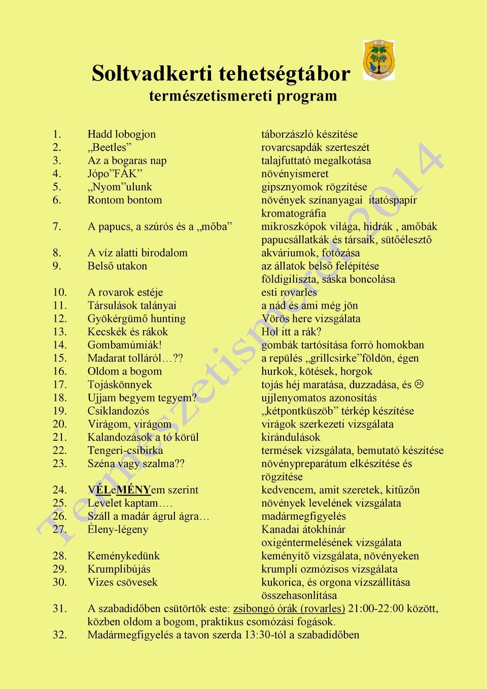 A papucs, a szúrós és a mőba mikroszkópok világa, hidrák, amőbák papucsállatkák és társaik, sütőélesztő 8. A víz alatti birodalom akváriumok, fotózása 9.