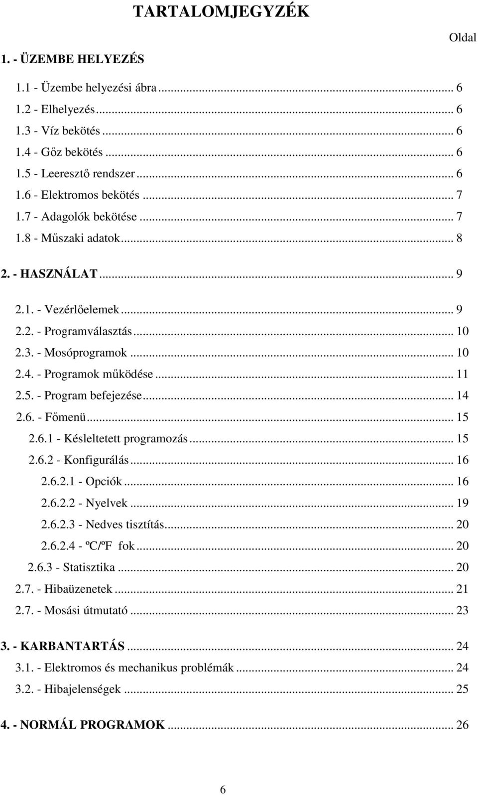 Program befejezése... 14 2.6. Főmenü... 15 2.6.1 Késleltetett programozás... 15 2.6.2 Konfigurálás... 16 2.6.2.1 Opciók... 16 2.6.2.2 Nyelvek... 19 2.6.2.3 Nedves tisztítás... 20 2.6.2.4 ºC/ºF fok.