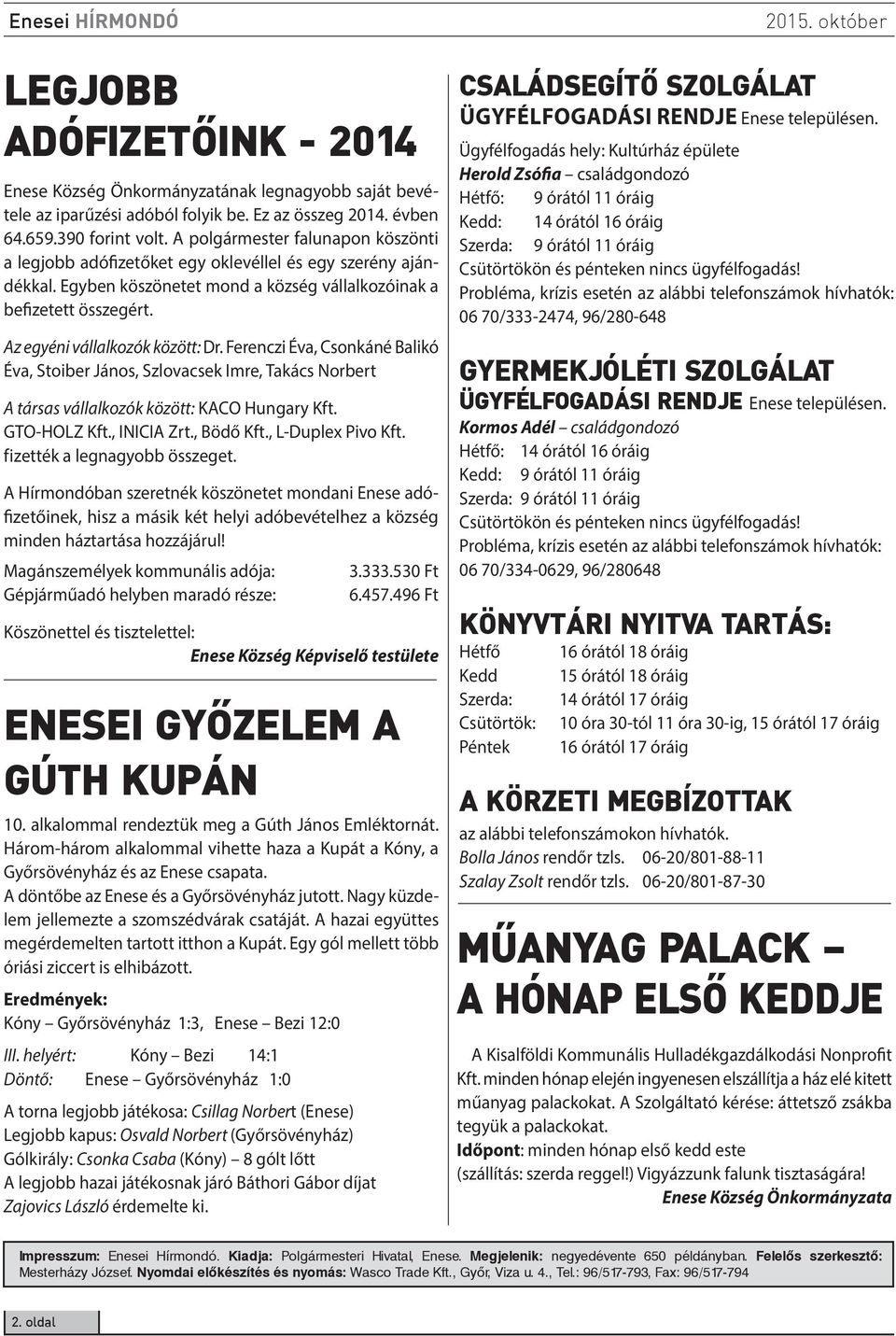 Az egyéni vállalkozók között: Dr. Ferenczi Éva, Csonkáné Balikó Éva, Stoiber János, Szlovacsek Imre, Takács Norbert A társas vállalkozók között: KACO Hungary Kft. GTO-HOLZ Kft., INICIA Zrt., Bödő Kft.